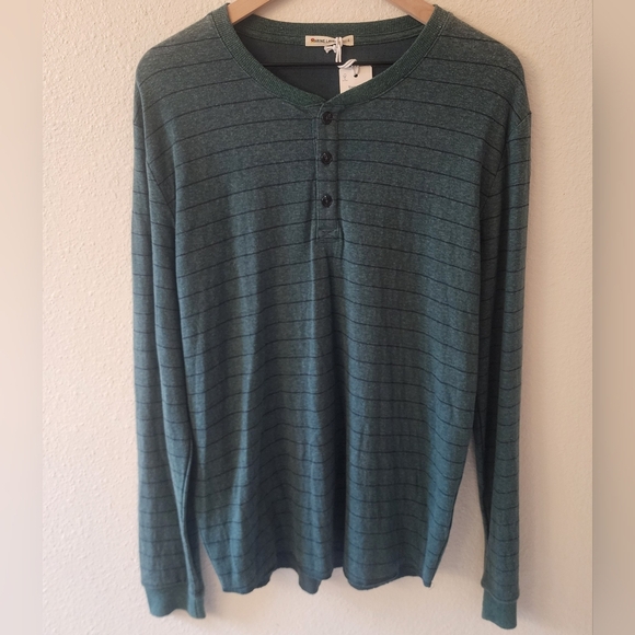 Marine Layer Double Knit Stripe Henley Ponderosa Pine Navy Shirt Mens Large - Picture 1 of 7